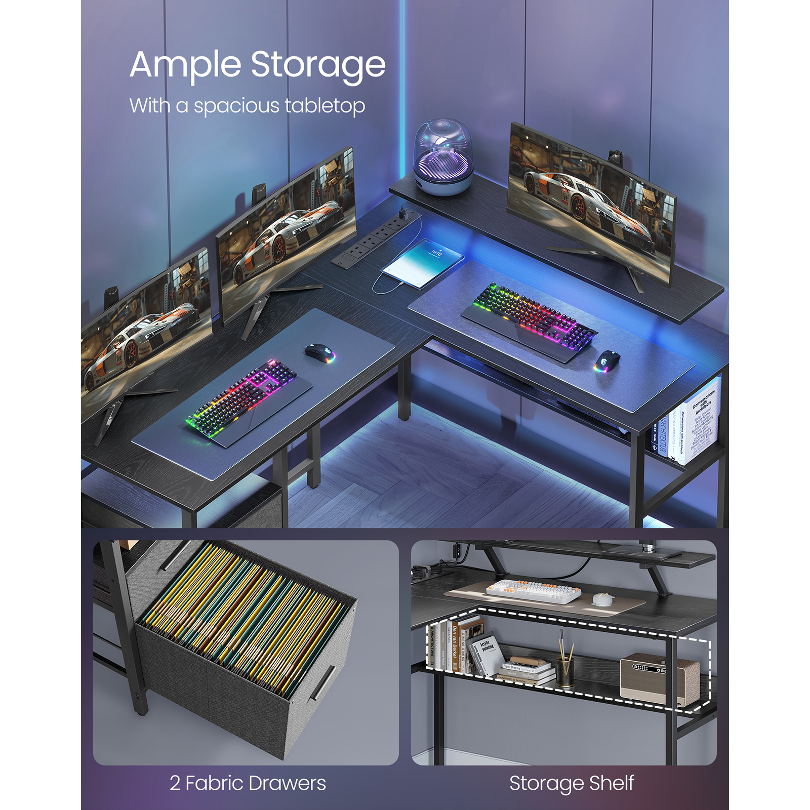 VASAGLE L-Shaped Desk with Power Outlets, Corner Desk, Gaming Desk with LED Lights, 2 Drawers, 2 USB Ports, 150x120x89cm