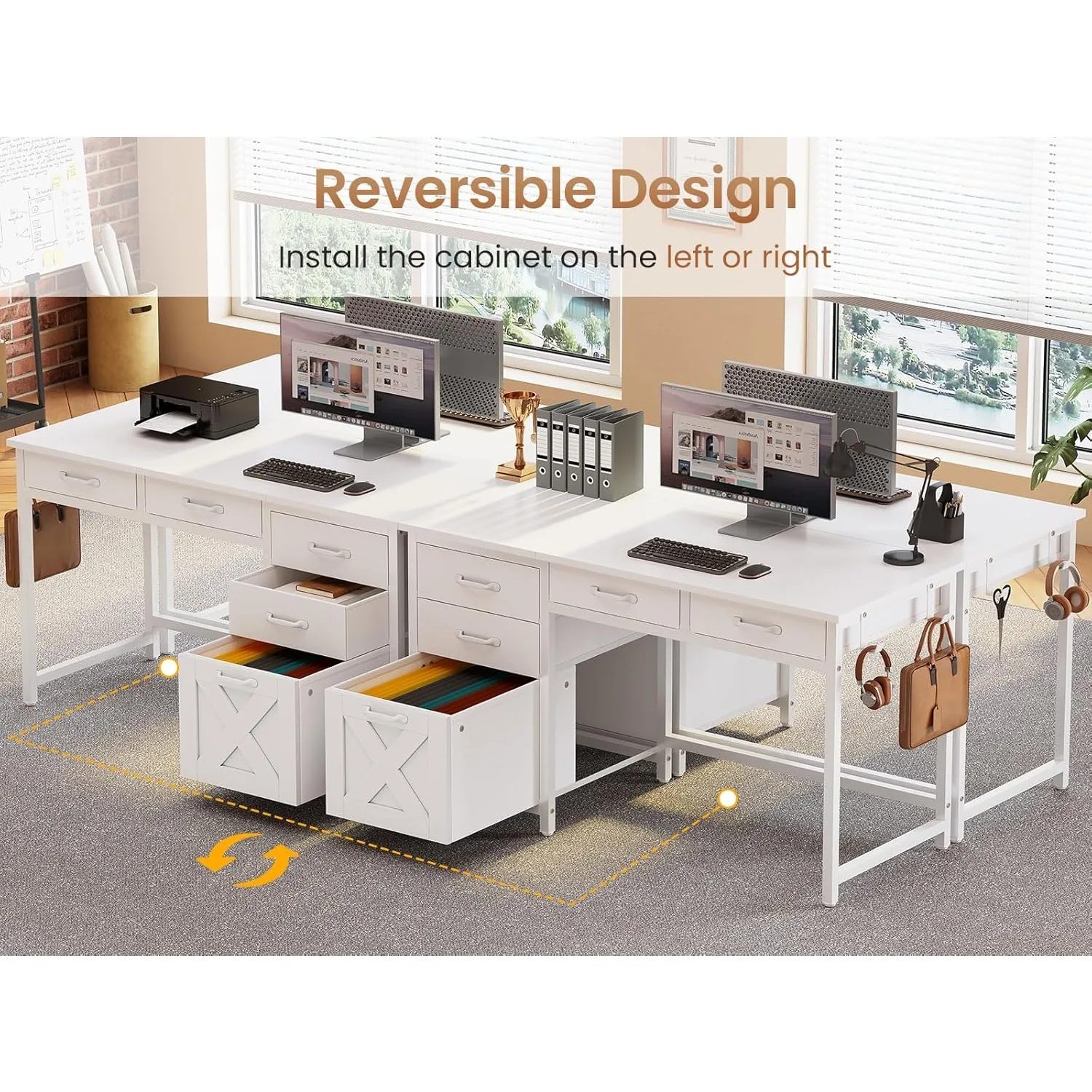 Office Desk with 5 Fabric Drawers, Computer Desk with Drawers,Farmhouse Desk with Headphone Hooks for Home Office (39 inch)