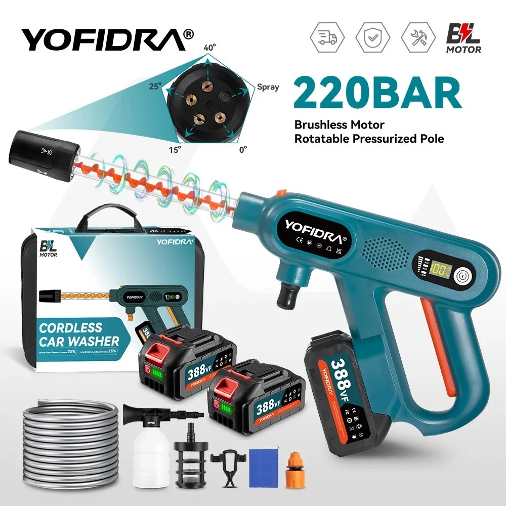 YOFIDRA 220Bar Brushless Electric High Pressure Washer Gun 3 Gear Home Car Washing Water Spray Gun For Makita 18V Battery Pin