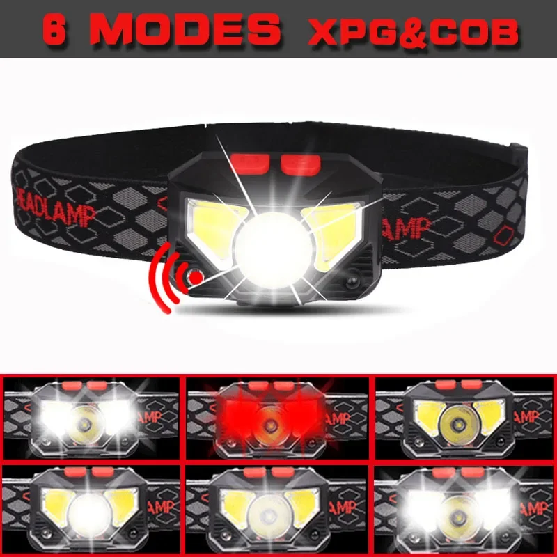 Poderoso sensor de led farol recarregável usb led cabeça tocha acampamento busca luz cabeça lanterna para pesca lanterna