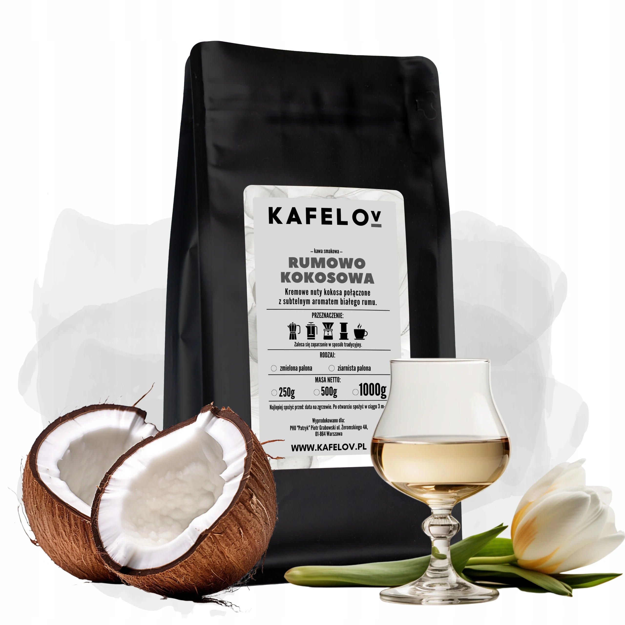 Kawa Kafelov smakowa RUM Z KOKOSEM 250g ziarno