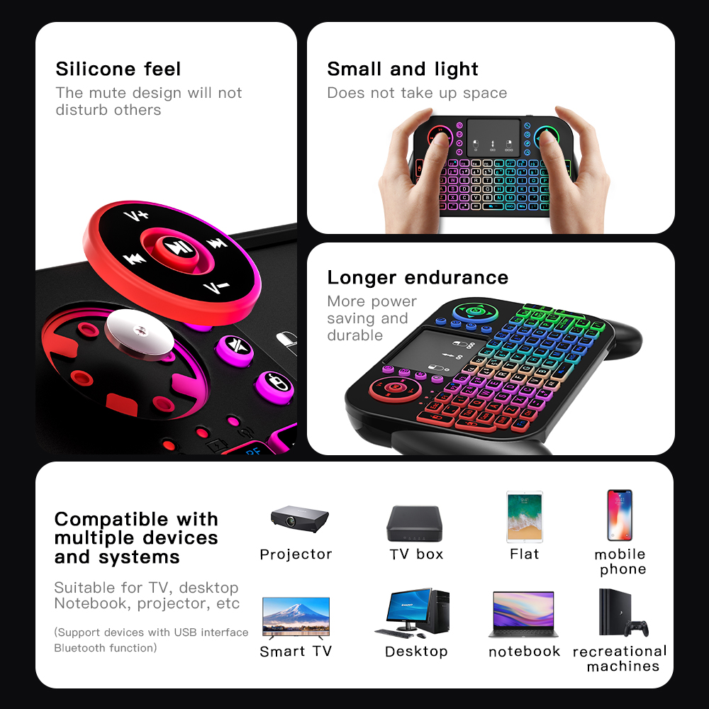 V8 2,4G Mini teclado inalámbrico 7 colores retroiluminado español portugués Bluetooth Air Mouse Control remoto panel táctil para Android TV Box