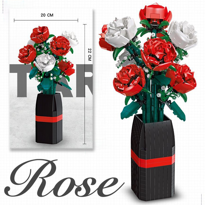 Creative Red Rose แจกันพืชชุดบล็อกอาคาร Moc โรแมนติกคลาสสิกดอกไม้ช่อดอกไม้ Potted อิฐของเล่นของขวัญวันวาเลนไทน์