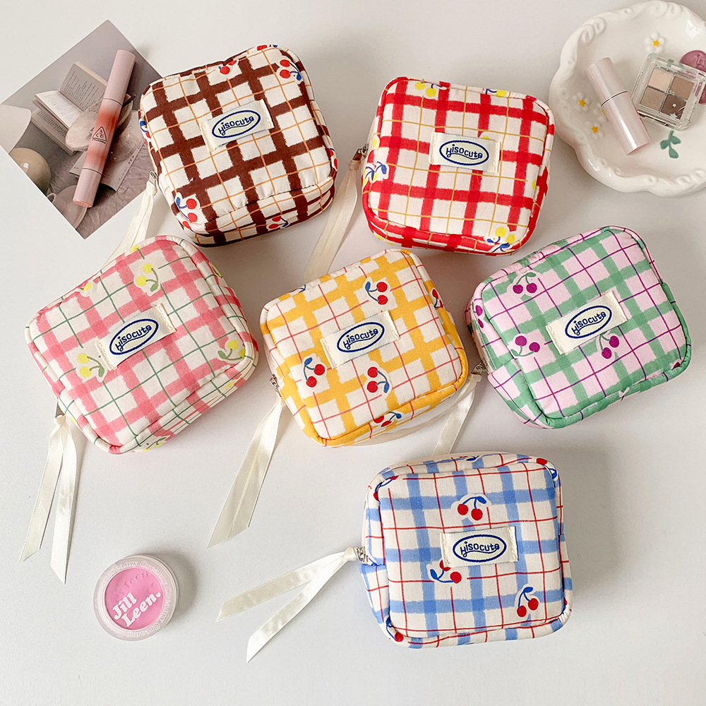 Cute Cherry Plaid Makeup Bag for Lipstick Cosmetics Coin Purse Sanitary Pads