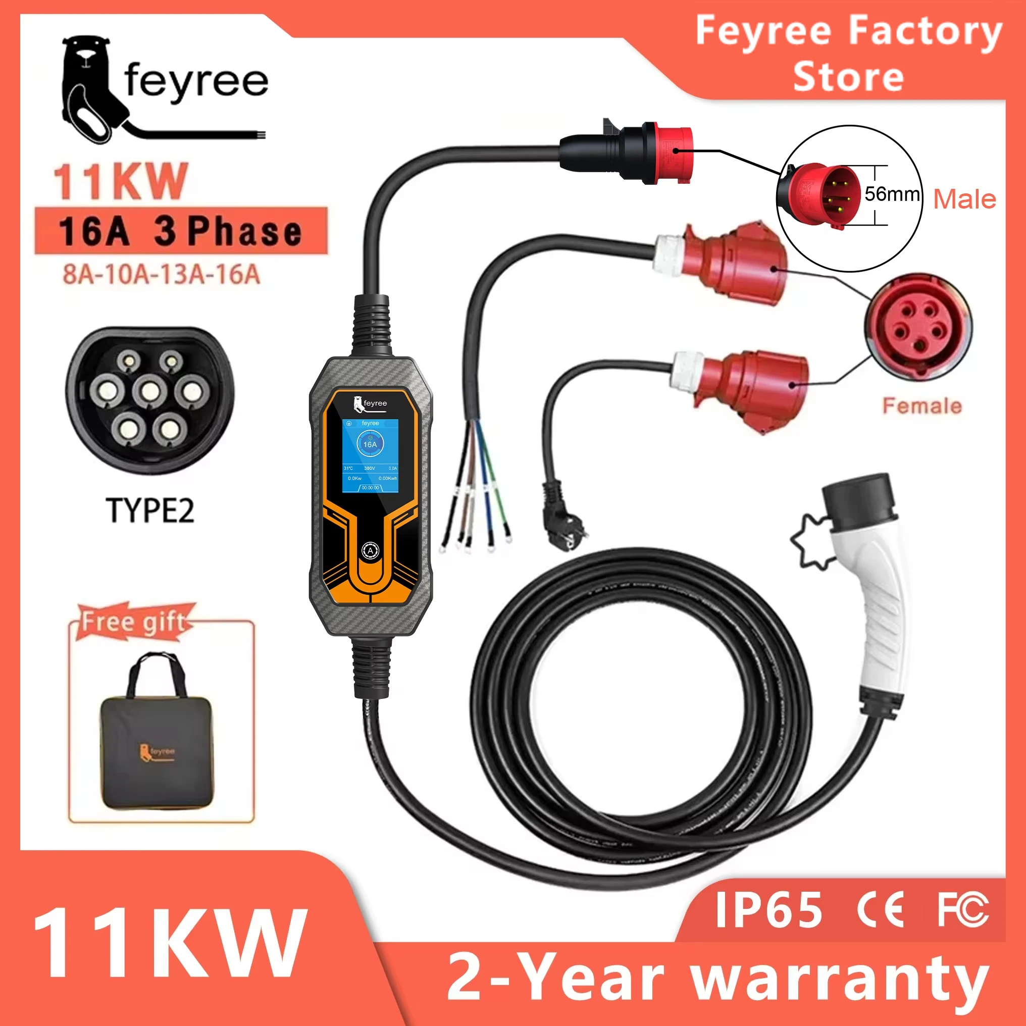 Feyree 11KW 16A 3 fases EV cargador portátil Type2 5M Cable EVSE caja de carga cargador de coche eléctrico enchufe CEE para vehículo eléctrico