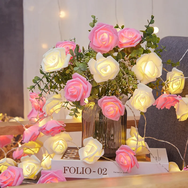 Guirnalda de luces LED blancas y rosas, 2M, 10 luces para decoración de habitación y jardín, luz nocturna sin batería, 1 ud.