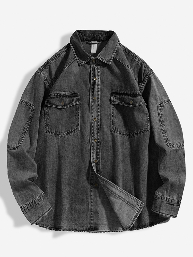 Camisa vaquera de algodón para hombre, camisa de manga larga en negro y azul con hombros caídos y bolsillos con botones, pantalones vaqueros holgados informales para trabajo, novedad de 2024