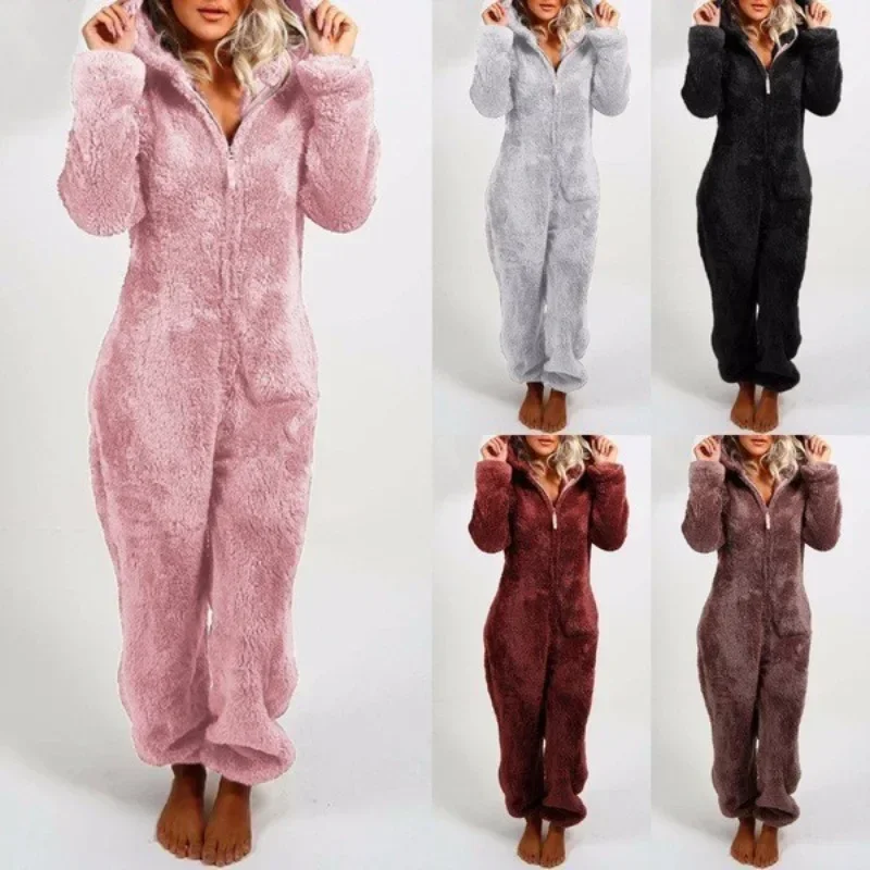 Mono de felpa grueso para mujer, ropa de dormir con capucha, pijamas de manga larga con cremallera para mantener el calor, ropa de casa, S-5XL, invierno 2024
