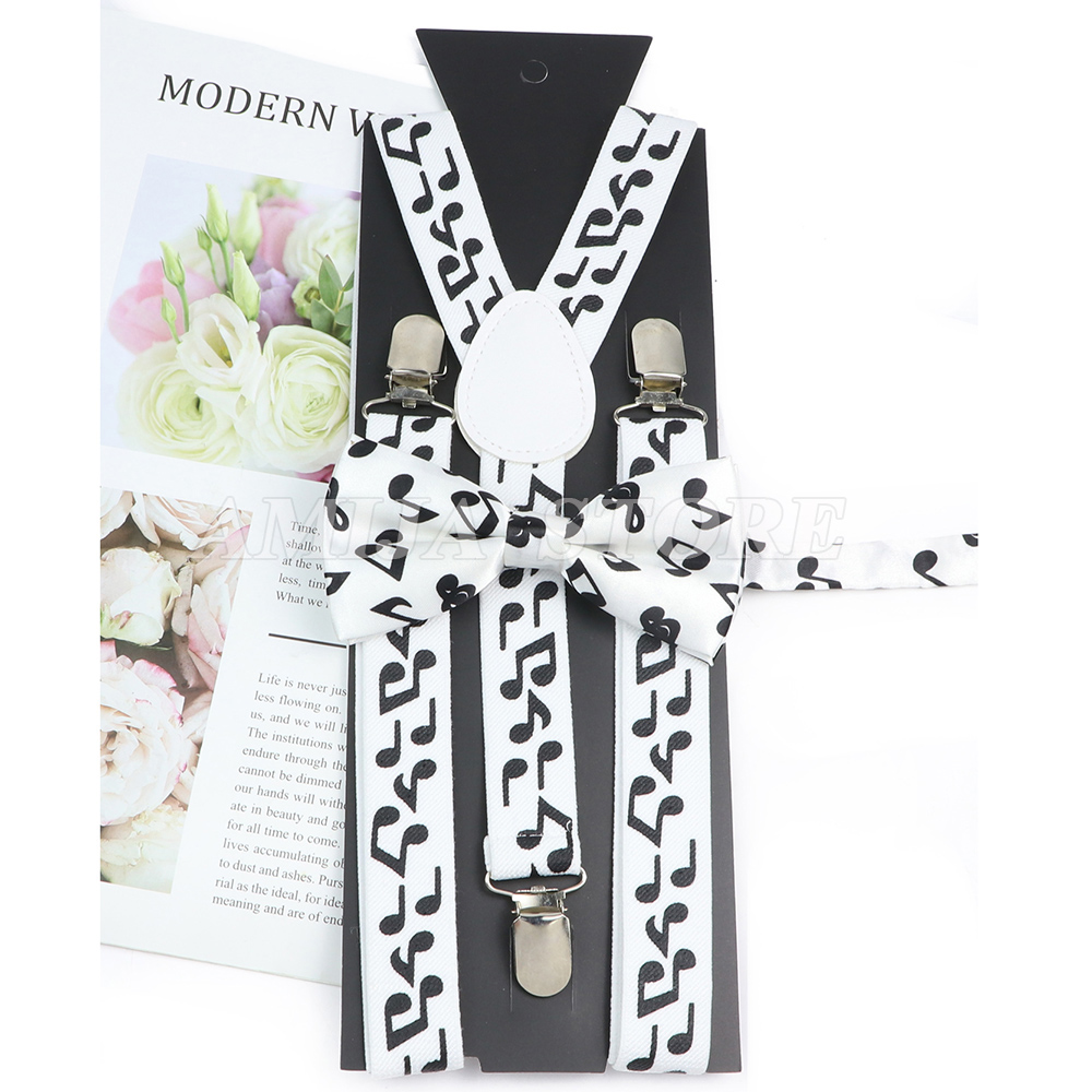 Conjunto de tirantes con lazo para hombre Y mujer, tirantes elásticos de arcoíris con estampado de notas musicales, lazo con Clip, espalda en Y, correas de mariposa para fiesta, Unisex