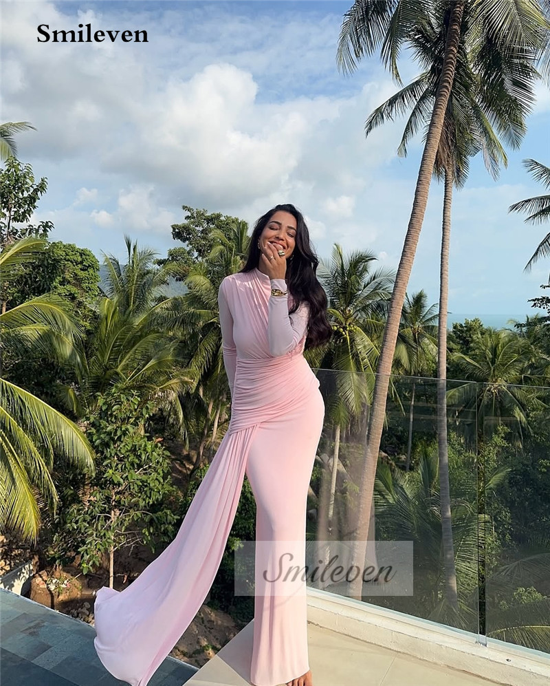 Smileven Crepe Abendkleid Rosa Langarm Schlank Prom Party Kleider Elegante Einfache Maxi Prom Kleider 2025, Angepasst