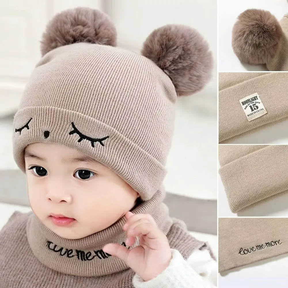 Gorro de punto de lana de algodón Flexible, pompón de Color sólido para bebé, conjunto de 2 piezas, gorro cálido