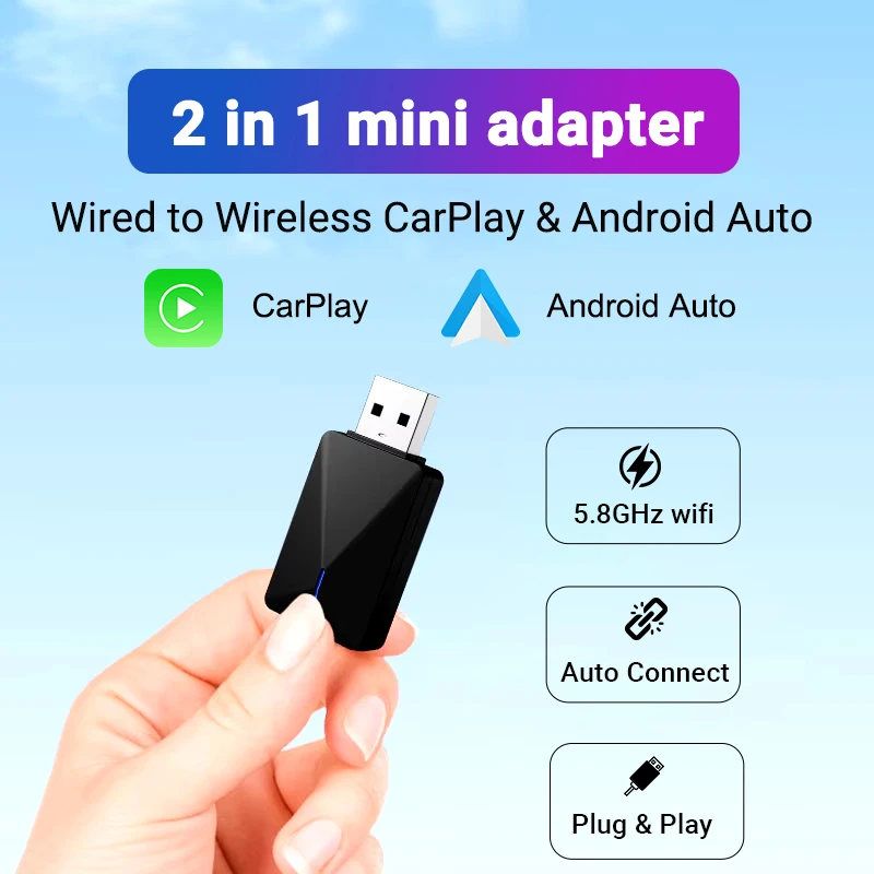2-in-1-Mini-Adapter, kabelgebunden mit kabellosem CarPlay und Android Auto, 5 GHz, WiFi5-Übertragungsgeschwindigkeit, Plug-and-Play, modisch und tragbar