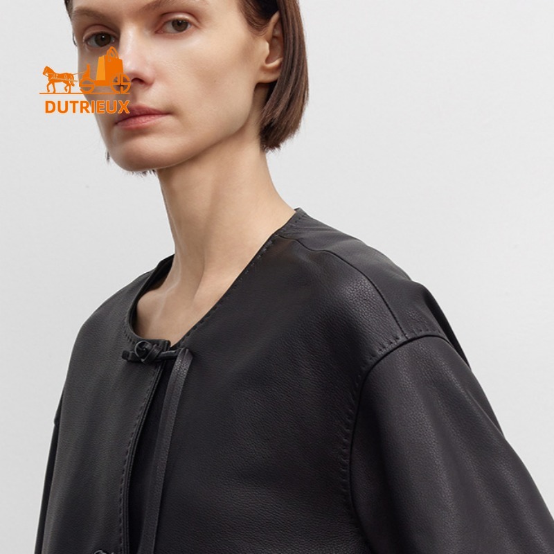 Winter New Genuine Leather Jacket for Women Temperament Short Sheepskin Leather Jacket Round Neck Loose Cowhide Windproof Coat