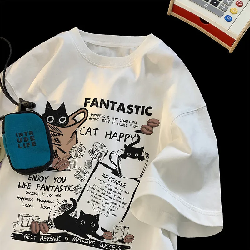 Nieuwe Mannen T-Shirt Pullover Oversized Koreaanse Versie Cartoon Cat Group Print T-Shirt Casual Korte Mouw Paren T-Shirt