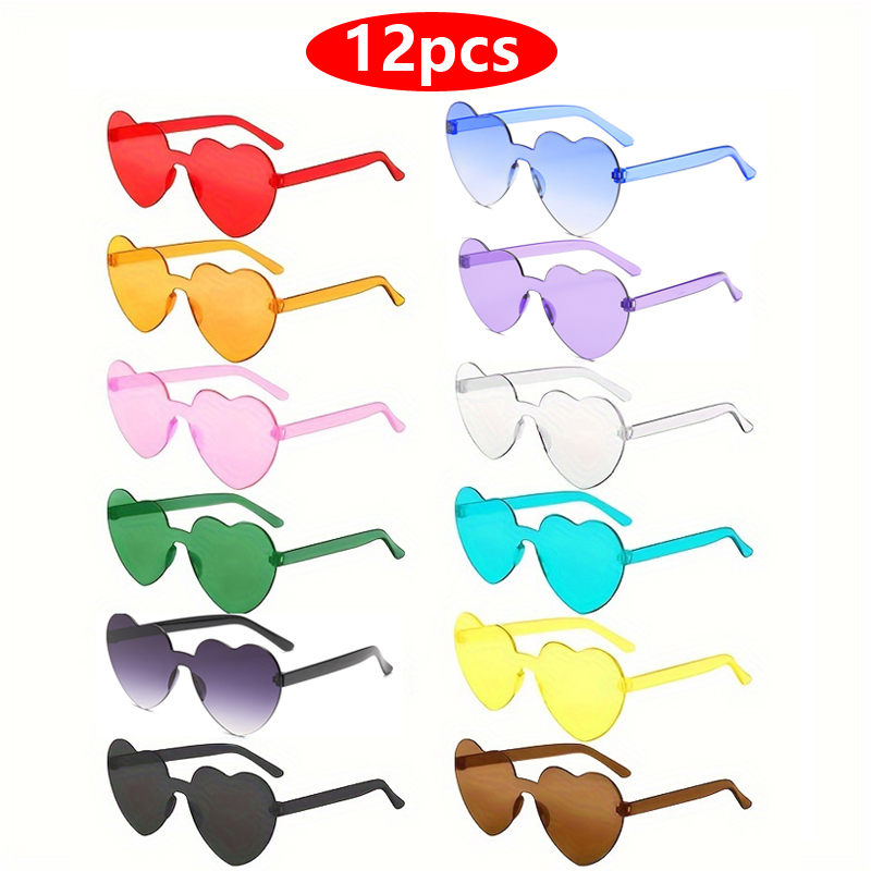 12pcs 하트 모양의 선글라스 여성 플라스틱 사랑 고양이 눈 무테 프레임 Colorfu 렌즈 태양 안경 여성 여행 안경