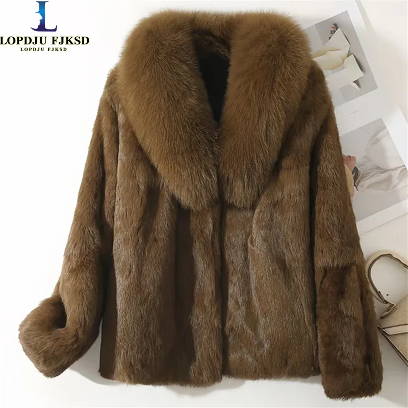 Casaco de pele de coelho rex real para mulheres, outono inverno jaqueta curta grosso quente novo gola de pele de raposa elegante feminino quente outerwear