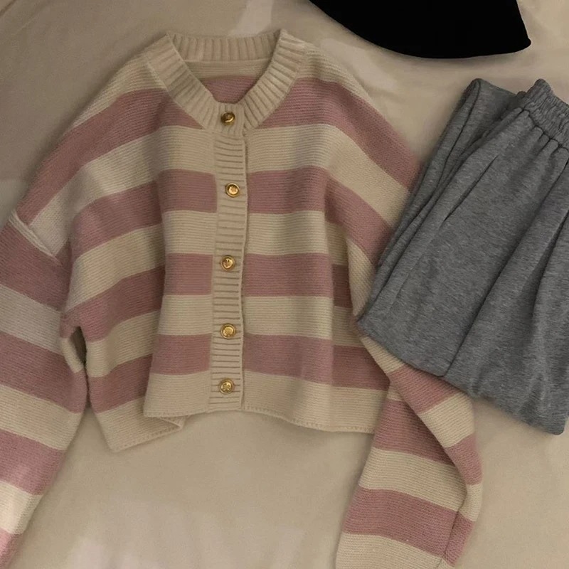 Gestreifte Gestrickte Strickjacken Frauen Herbst Winter Button Up Lose Strickjacke Pullover Frau Koreanischen Stil Langarm Strickwaren