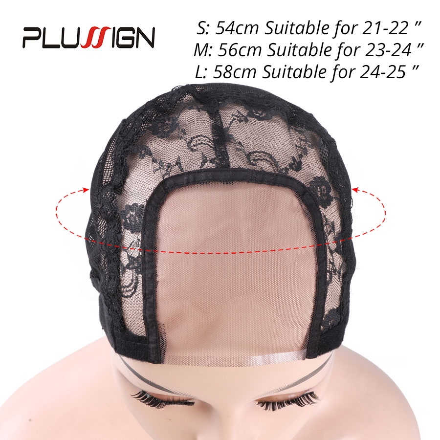 Plussign U parte gorra de peluca de encaje suizo, gorros de peluca de redecilla negra para hacer pelucas, gorro tejido con correa ajustable, herramientas para hacer peluca