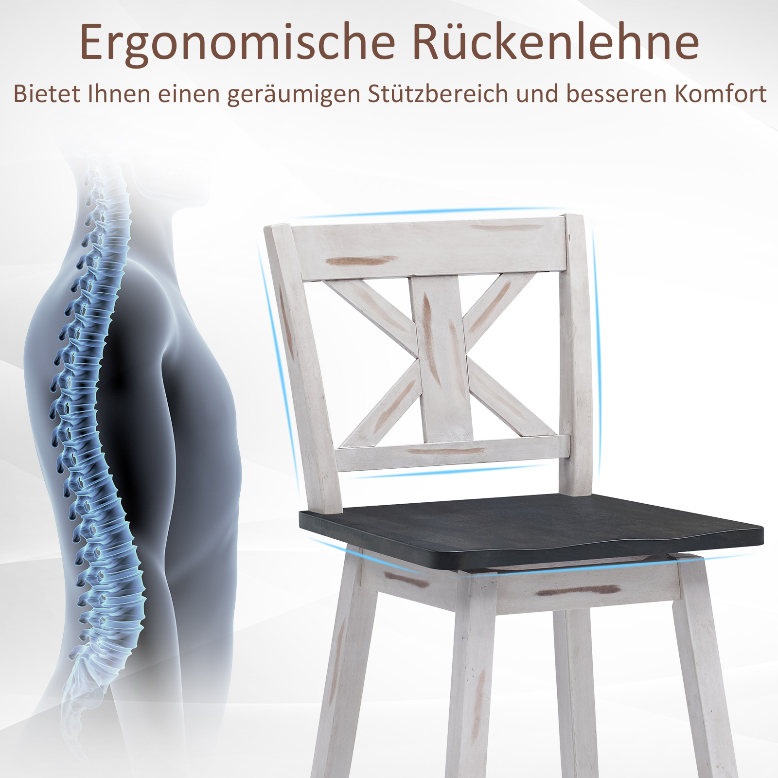 2er Set Vintage Barhocker drehbar, Tresenhocker mit Fußstütze und Lehne, Bistrohocker aus Holz, Sitzhocker, Barstuhl für