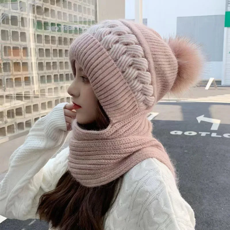 Cappello di lana da donna, versatile in autunno e inverno, versione coreana, cappello lavorato a maglia moderno e caldo con velluto spesso e sciarpa, uno-