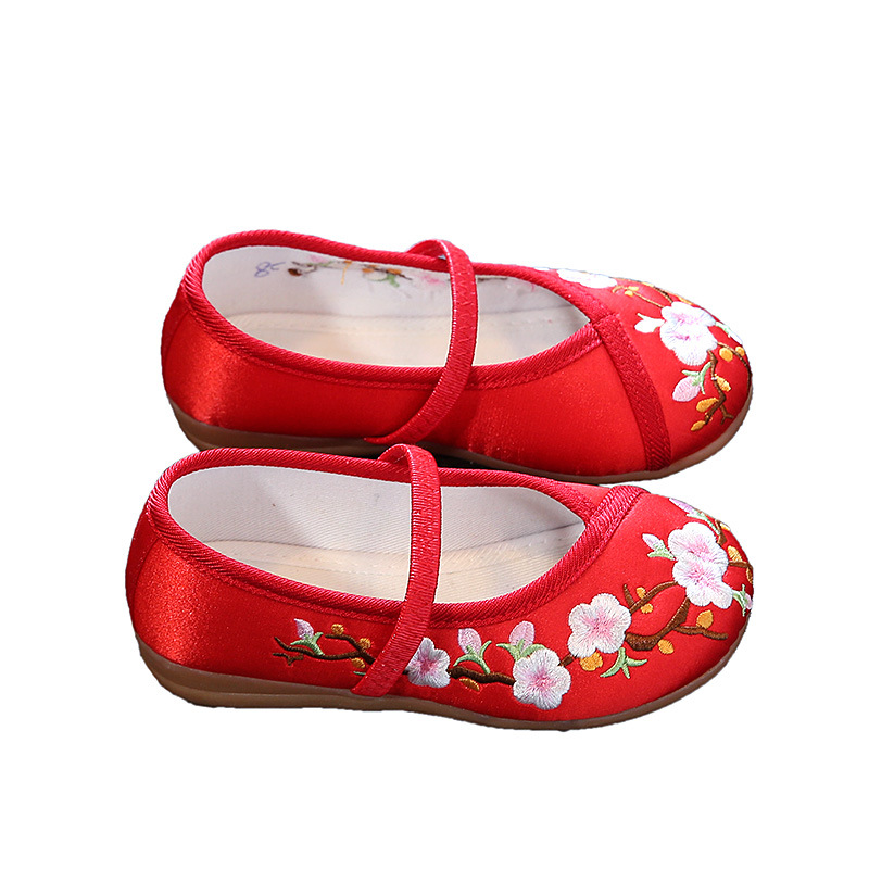 Crianças hanfu sapatos planos étnicos estilo chinês meninas sapatos de pano bordado moda macia crianças princesa antigo vestir-se sapatos