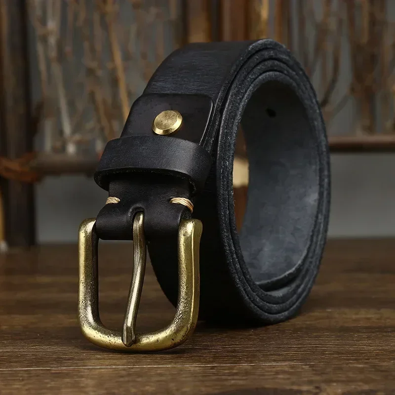 Cinturón de cuero genuino de 3,3 CM, correa de lujo para hombre, hebilla de cobre de Cuero de vaca puro a la moda, hebilla Retro clásica salvaje de alta calidad