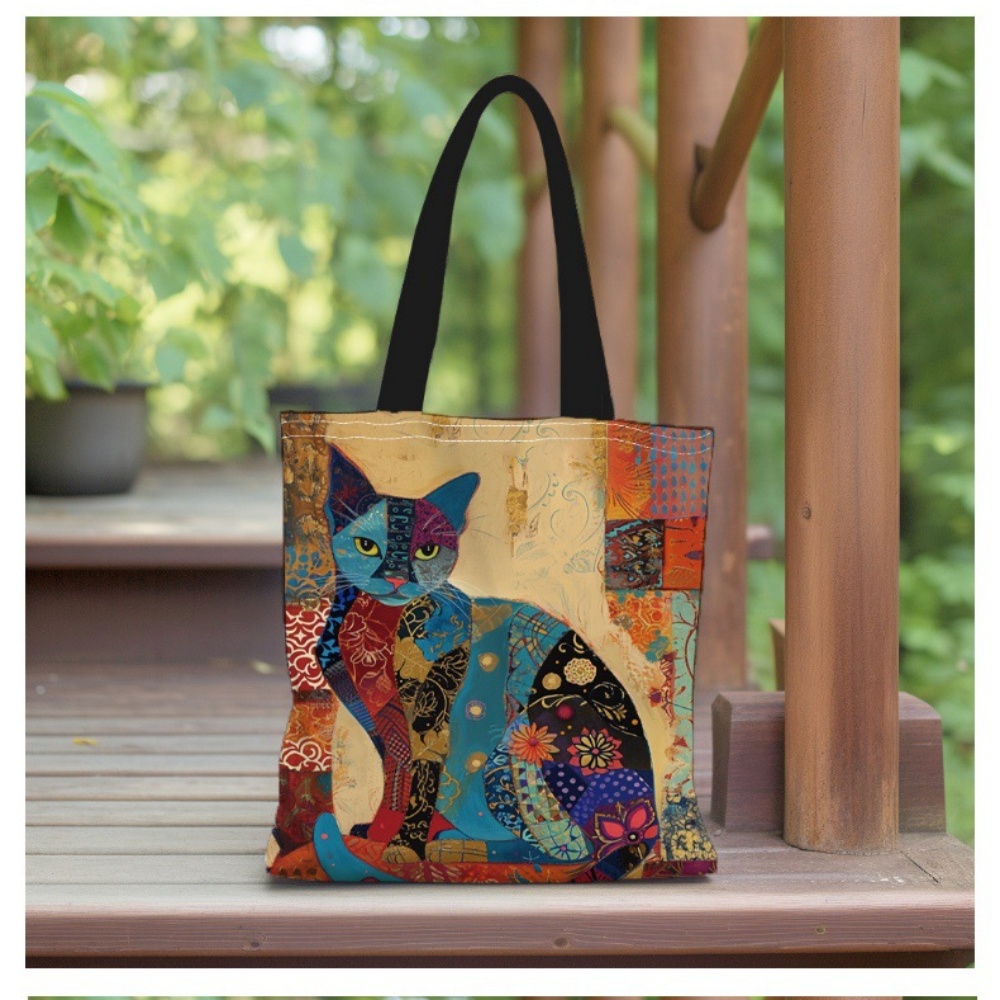 Gato dos desenhos animados pintura a óleo sacola grande capacidade saco de compras casual viajando bolsa de lona feminina bolsa de ombro elegante