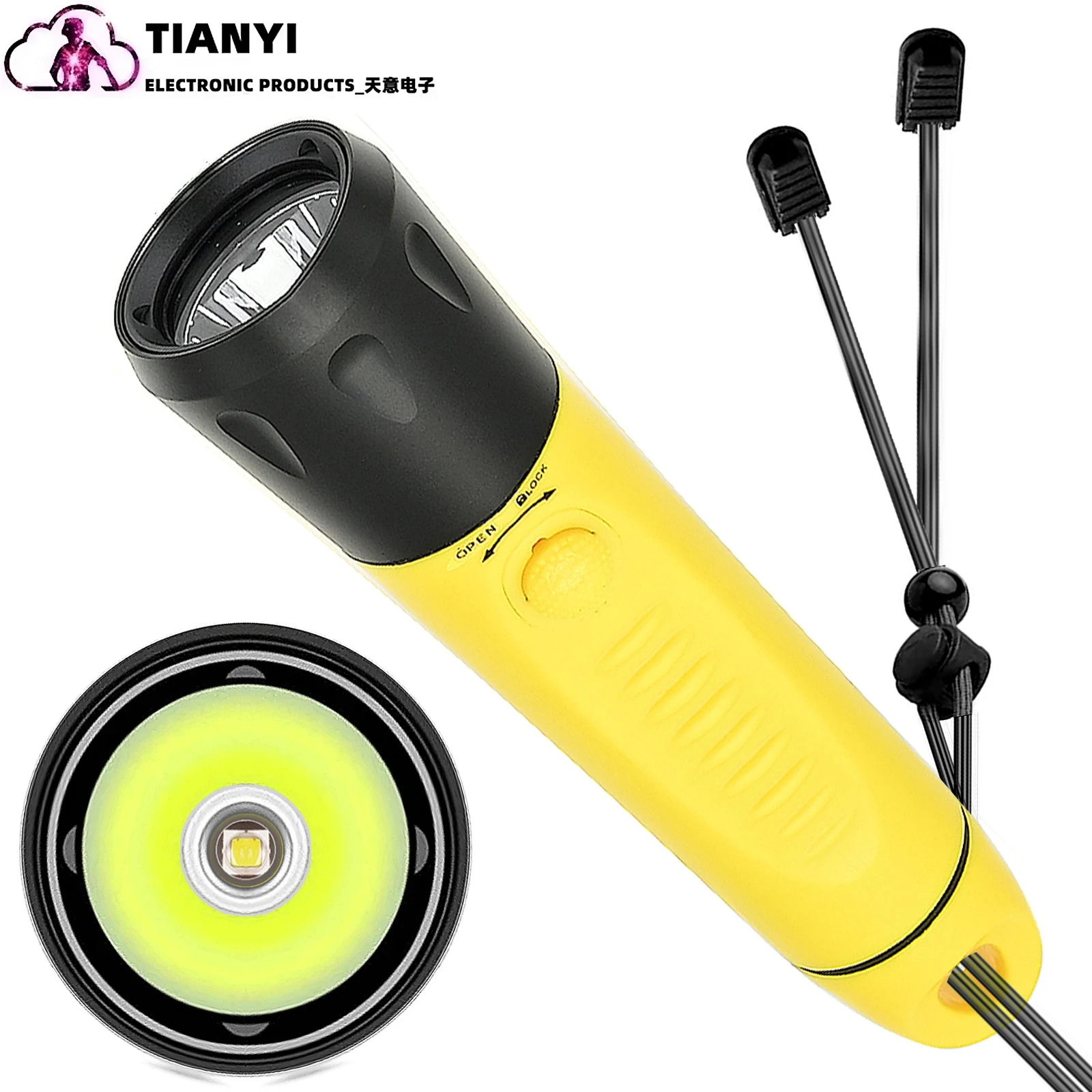 Linterna de buceo con carga de luz fuerte, linterna larga con enfoque L2, iluminación sumergible impermeable de plástico por la noche sumergible