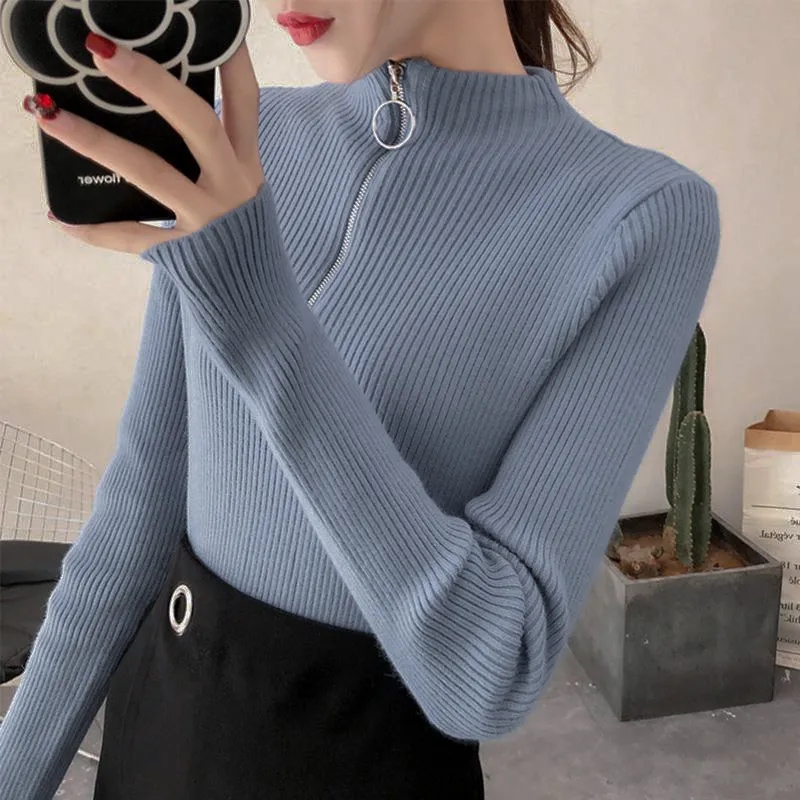 Tricoté femmes fermeture éclair demi col haut Pull pulls automne hiver basique femmes chandails mince solide tricots Pull Femme hauts