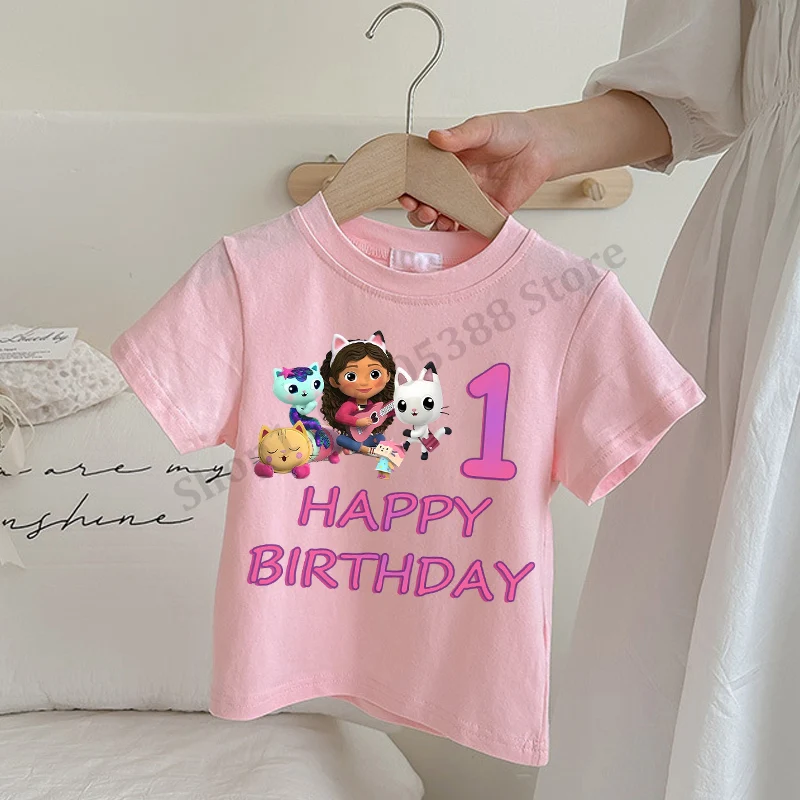Gabby kaus rumah boneka anak-anak, baju anak perempuan lengan pendek, motif kartun, Anime, Atasan Musim Panas modis warna merah muda