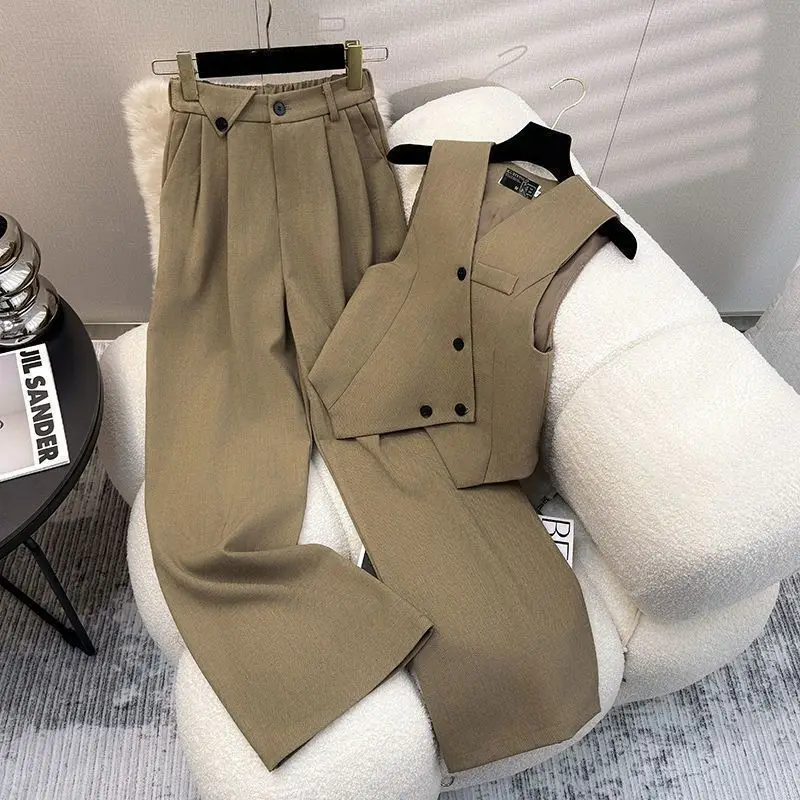Simples sem mangas terno colete casual calças de perna larga conjunto de duas peças para mulher 2025 novo conjunto de terno elegante