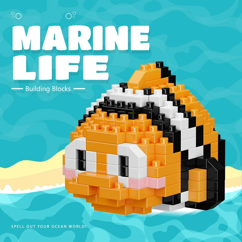 ใหม่ Marine Life Series Building Blocks เต่า,เบลูก้า,ม้าน้ํา,ปู,ปลาหมึกยักษ์,ปลาฉลาม,ปลาตลก,Killer WHALE ประกอบของเล่น