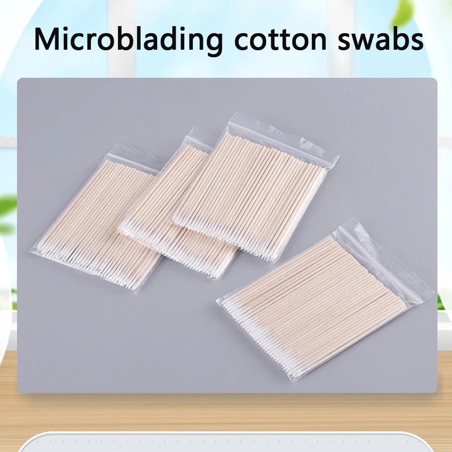 ผ้าฝ้าย Swabs ไม้ 300 ชิ้นทําความสะอาดไม้ Handle Pointed Tip หัวผ้าฝ้ายกึ่งถาวร Eyebrow Eyelash Tattoo ด้ายความงาม
