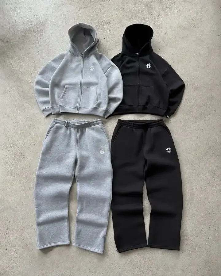 2025, amerikanische lässige Jogginghose mit Reißverschluss und Kapuze, zweiteilige Y2K-Kleidung, bestickte Hip-Hop-Jogginghose für Herren, Freizeithose