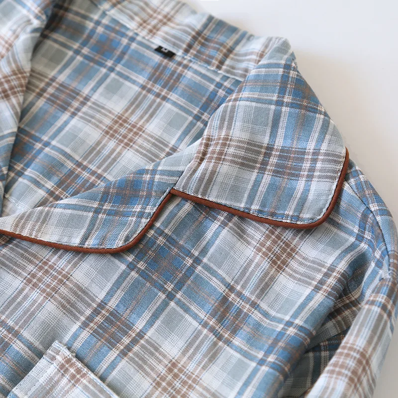 2025 japanisches neues Herren-Pyjama-Set, Frühling/Sommer, kariert, schlicht, langärmelig, zweiteiliges Set, Strickjacke aus 100 % Baumwolle, Heimtextilien