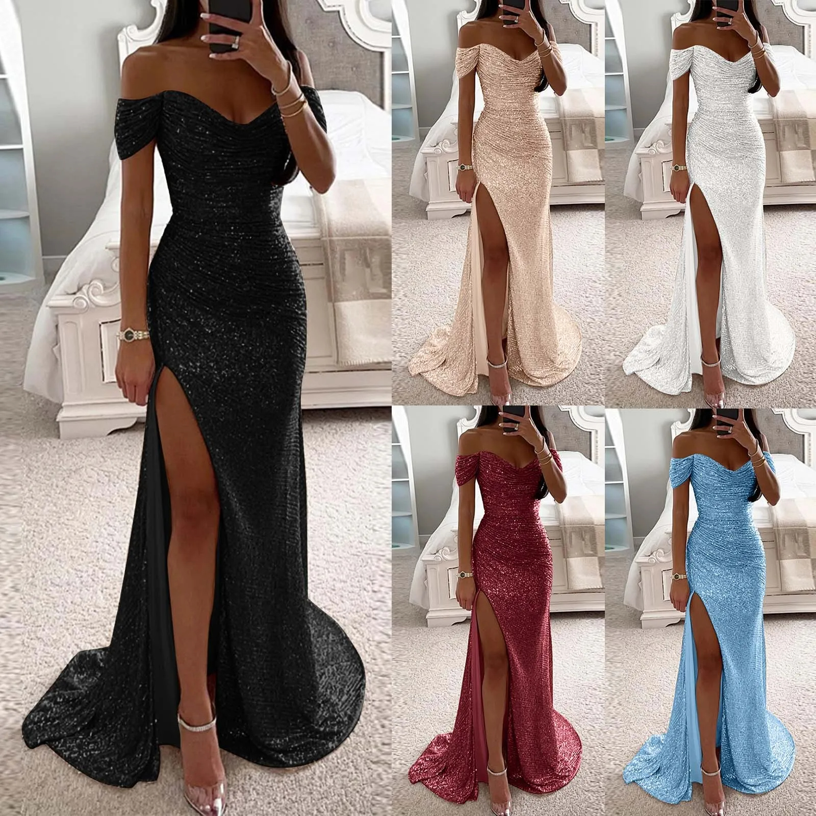 Abiti lunghi da sera champagne a sirena da donna 2024 Abiti eleganti da ballo con spacco con paillettes con spalle scoperte per feste personalizzate