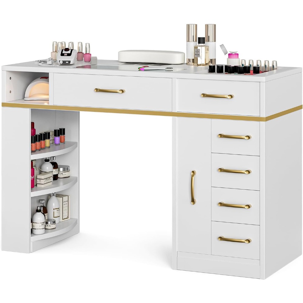 Manicure Table Nail Station for Nail Tech, Glass Top Nail Table Acetone Resistant W/Dust Collector, 7 Drawers & 3-Tier Shelves