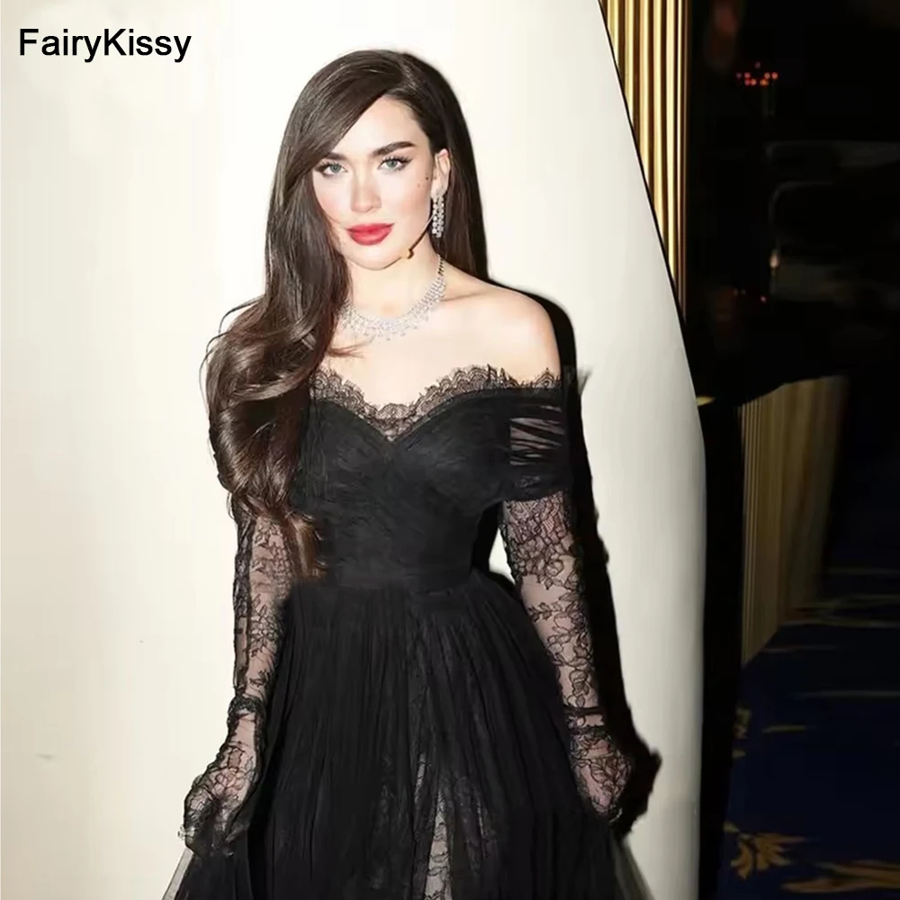 FairyKissy Сексуальные черные кружевные длинные вечерние платья с открытыми плечами Милое платье для выпускного вечера с разрезом Саудовская Аравия Вечерние платья для выпускного вечера