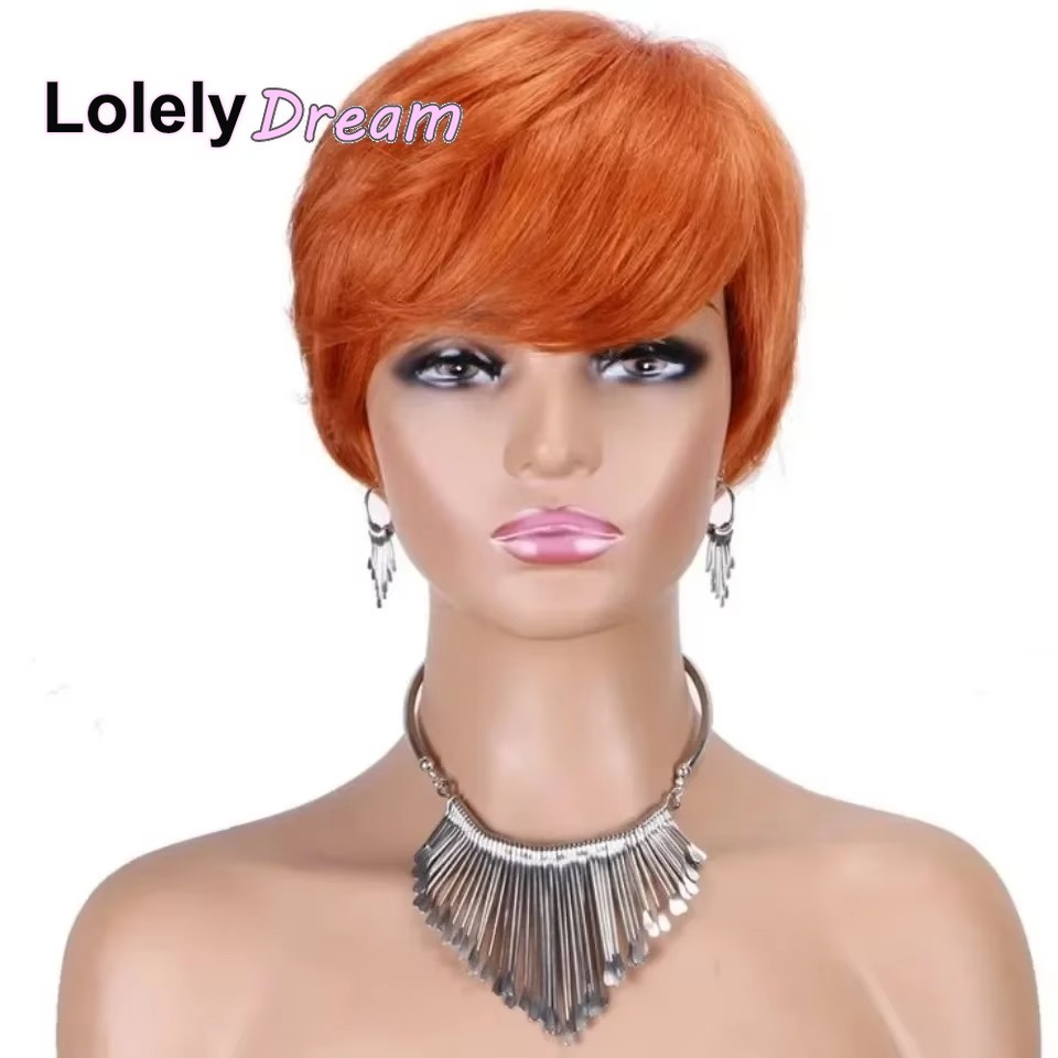 Lolely sonho máquina feita feminina curto laranja gengibre 100% peruca de cabelo humano com franja remy peruca reta em camadas pixie corte bob peruca