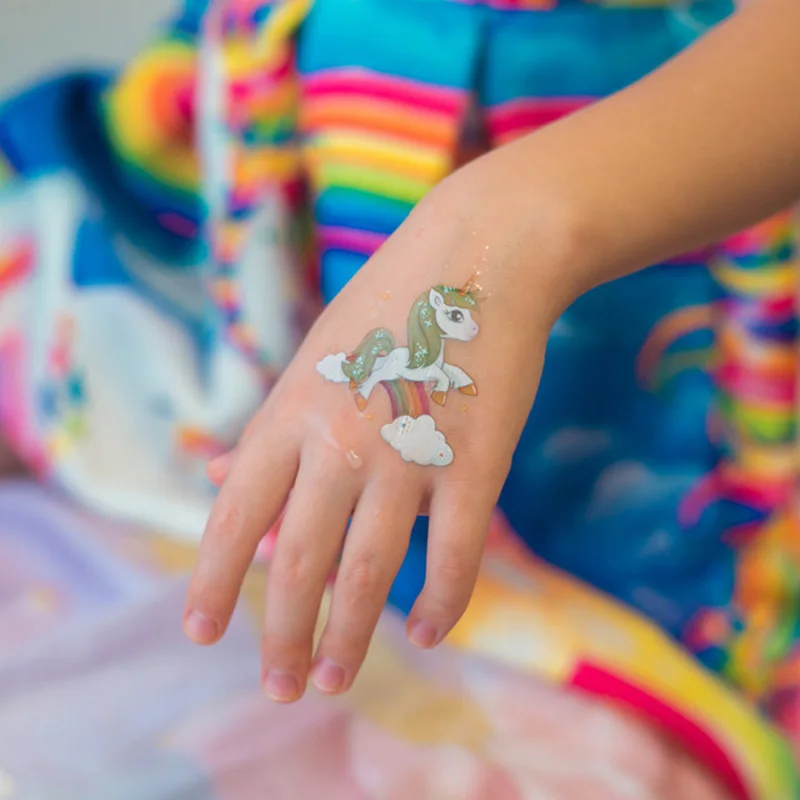 10 hojas de pegatinas de tatuaje falso de unicornio, tatuajes temporales de dibujos animados, decoración de unicornio para niños, tatuaje impermeable, cumpleaños, Baby Shower