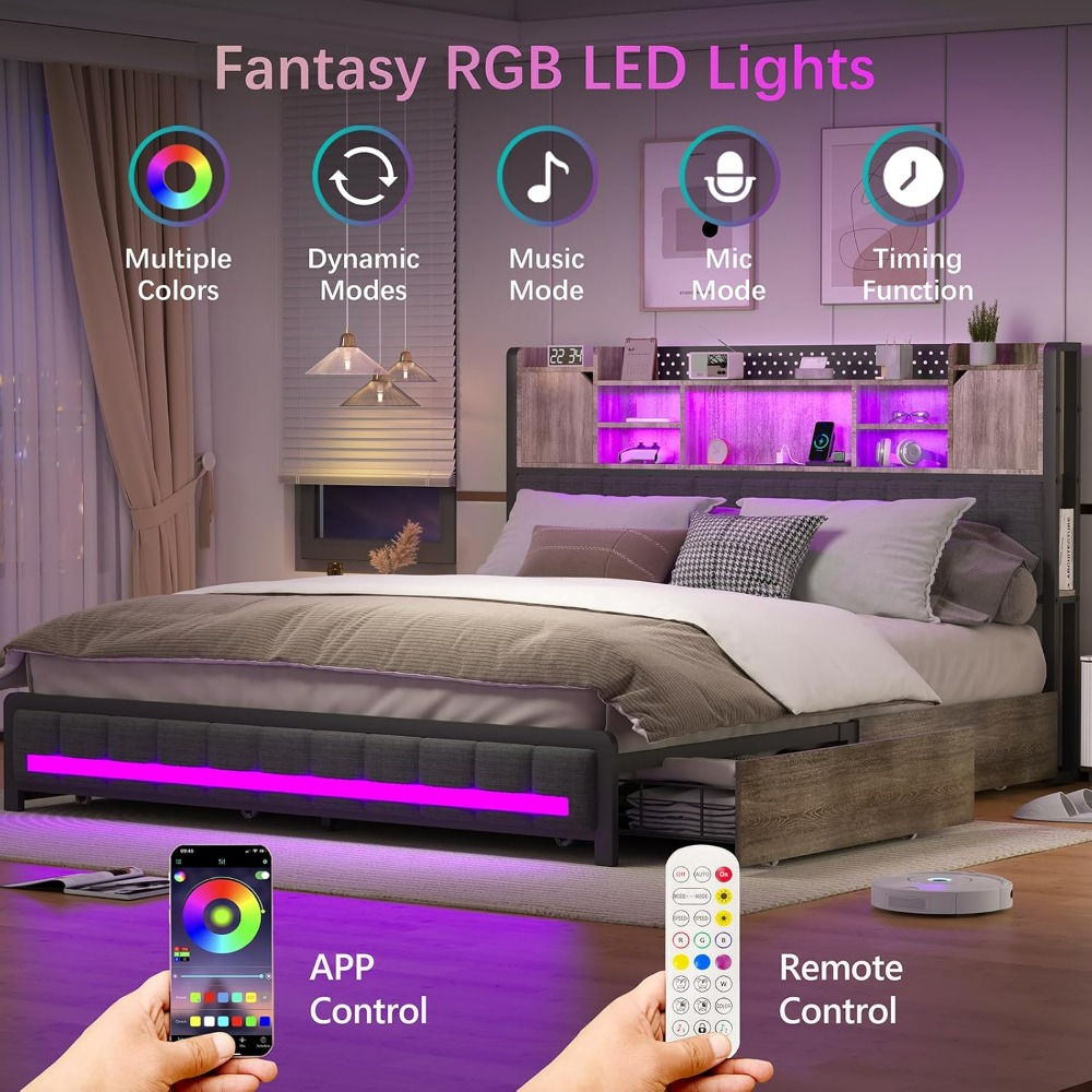 Queen Bed Frame with 4 Storage Drawers and Bookcase Headboard, Type-C & USB Charging Station, Metal Platform Bed with Storage