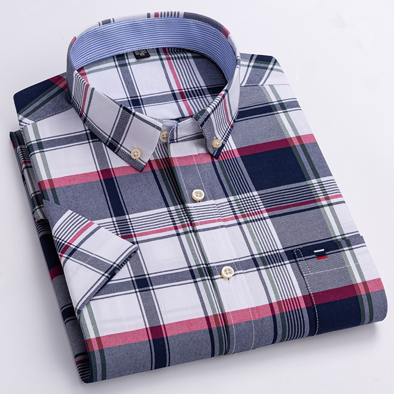 Larger Size 7XL 6XL Classic Men's Short Sleeve Shirt 100% Oxford Cotton Casual College Soft Plaid Stripe Solid Business Slim Fit