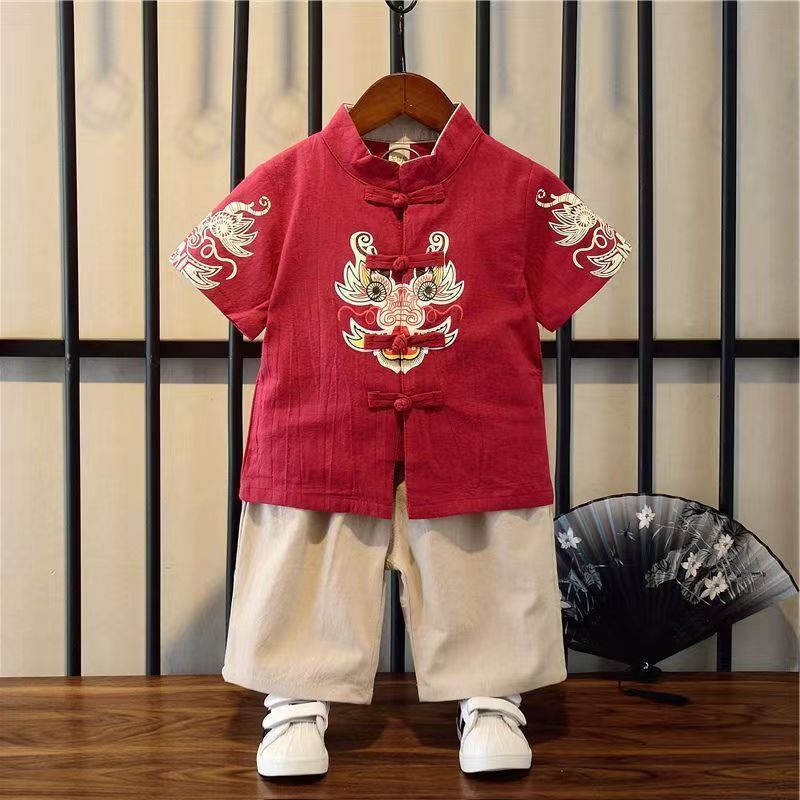 Summer Chinese Style Cotton Linen Red Dragon Embroidery Tang Suit Boys Girls Fashion Baby New Year Clothes Tai Chi Clothing