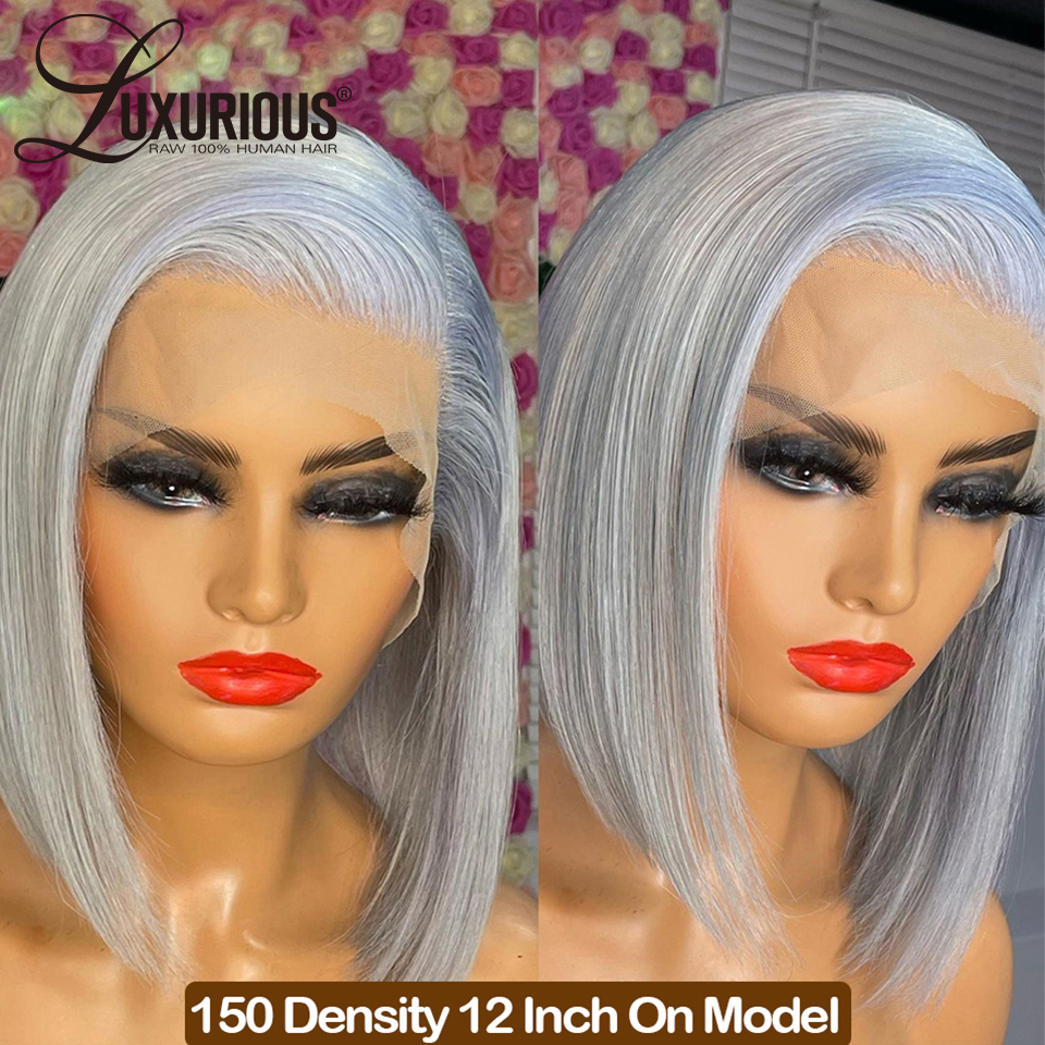 LUXURIÖSE Splitter Grau Kurze Bob Echthaar Perücken Für Frauen 13x4 Transparente Spitze Frontal Perücke Gerade Brasilianische Remy haar Perücke