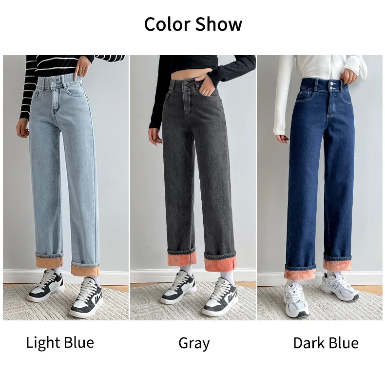 冬暖かいフリースワイドレッグジーンズ女性ヴィンテージだぶだぶのハイウエストデニムパンツ 2021 ルーズストレートママジーンズ Pantalones デ Mujer