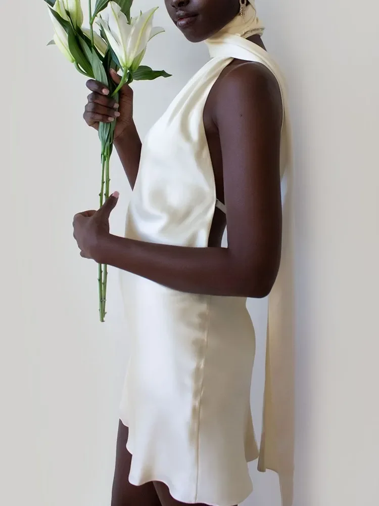 Patchwork Formal Dresses for Women Halter Collar Off Shoulder Sleeveless High Waist Backless Satin Mini Dress Female Style