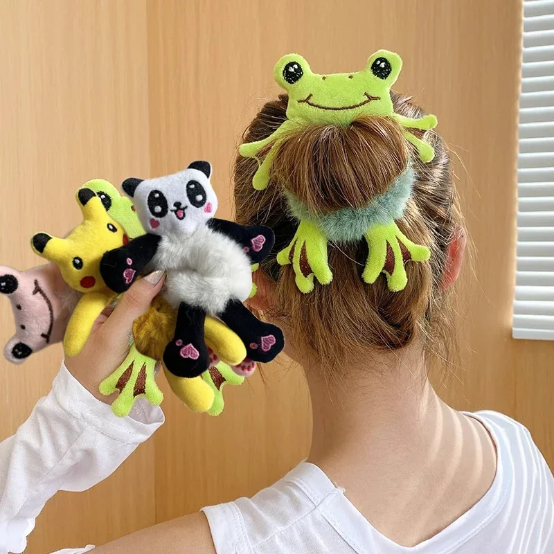 1 Uds. Círculo de pelo para niña, rana, pelo verde de felpa, moño circular, banda para el pelo divertida y bonita, coleteros elásticos para mujer, peinado de cola de caballo