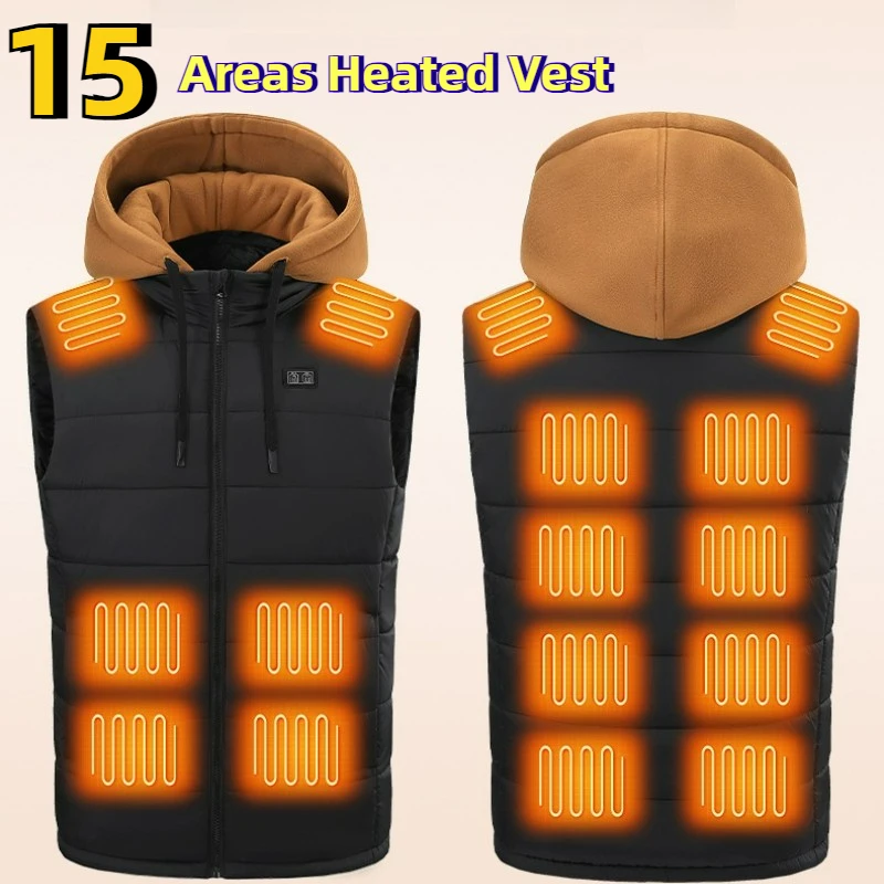 Winter slimme verwarmingsvesten USB constante temperatuur dubbele bediening 15-zone verwarmd mouwloos vest Verwarming heren warme jas met capuchon