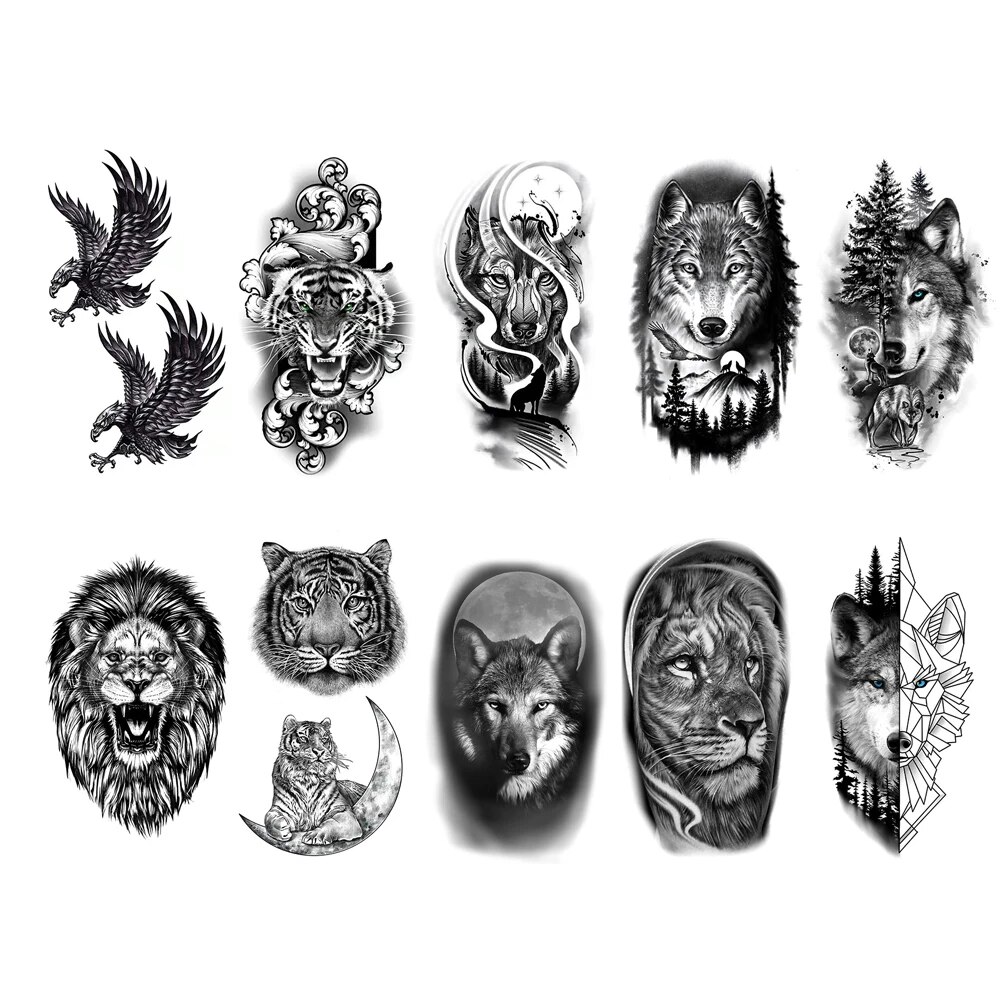 10 stks Waterdichte Tijdelijke Tattoo Sticker Donkere Wolf Leeuw Tijger Adelaar Slang Herten Skelet Schorpioen Body Art Arm Tattoo Vrouwen Mannen