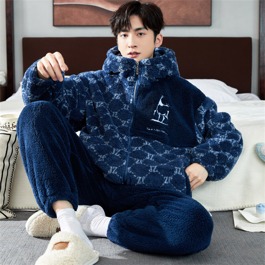 Pijamas de inverno masculinos pijamas quentes casa terno coral velo outono pelúcia engrossar zíper homewear pijamas com capuz conjuntos roupas para casa